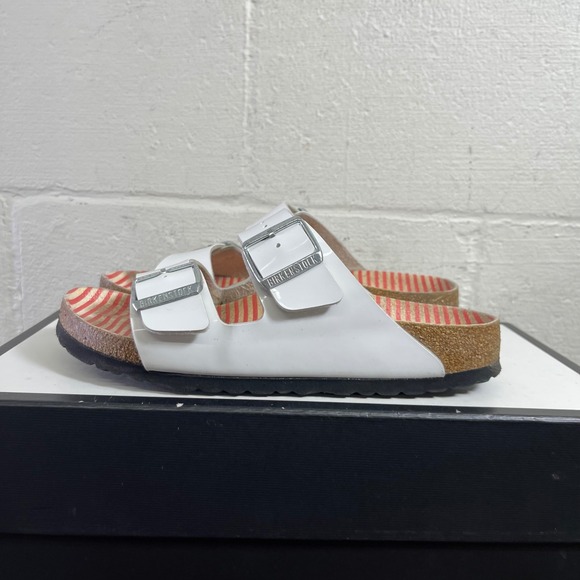 Birkenstock Arizona White Leather Striped Sandals Slip On Women's 38 EU/7 US - Picture 4 of 9